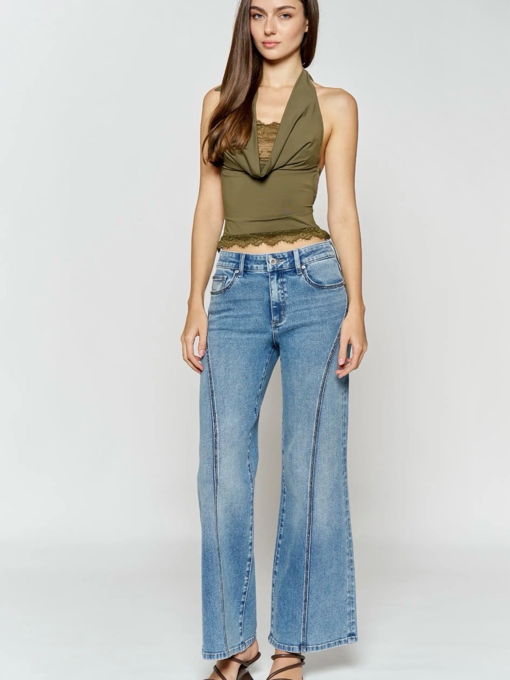 Enjean Women’s Light Blue Wide-Leg Jeans with sparkle detail hem line